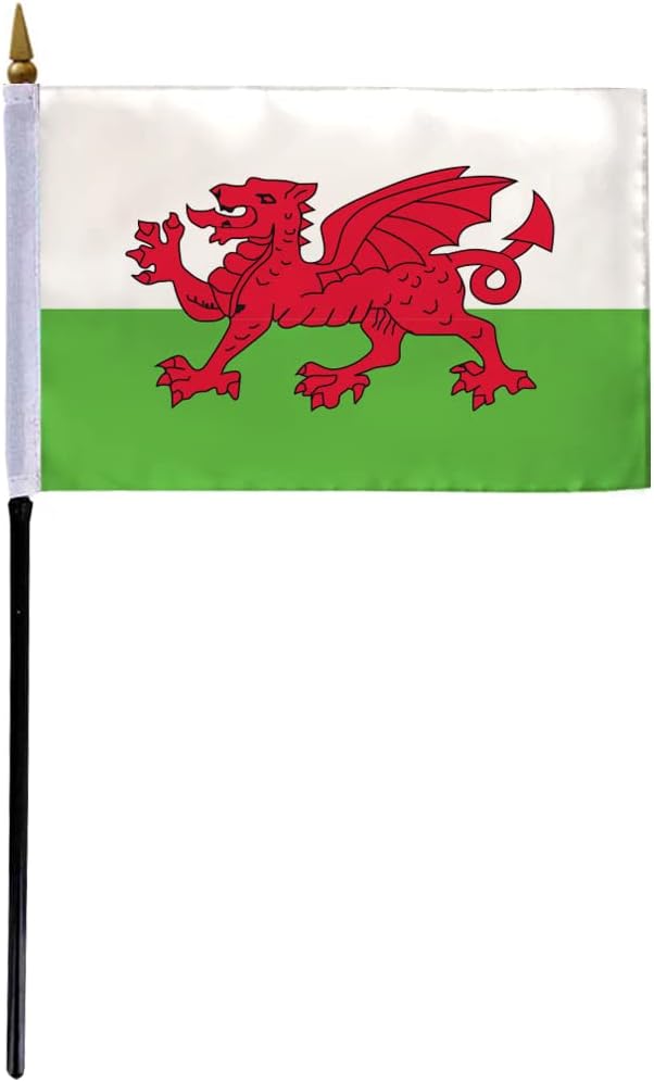 AGAS Wales Flag 4x6 inch - 11" Plastic Pole 100% Polyester Stitched Edges Welsh National Mini Flag on a Stick