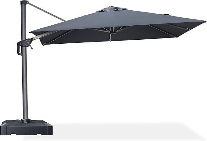 PURPLE LEAF 8' X 8' Patio Umbrella with Base for Pool 7' High Offset Outdoor Cantilever Umbrella Swimming Pool Umbrella with 360°Rotation for Poolside Grey