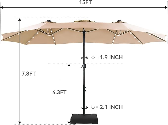 GREEN PARTY 15 ft Rectangle Patio Umbrella with Solar Lights and Base Included, Double-Sided Market Table Umbrella with Crank, Large Outdoor Umbrellas for Patio Poolside Garden Backyard, Beige