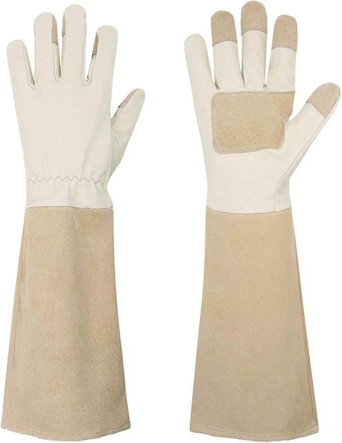 Rose Pruning Gloves for Men & Women, Long Thorn Proof Gardening Gloves, Breathable Pigskin Leather Gauntlet, Best Garden Gifts & Tools for Gardener(Beige White, S)