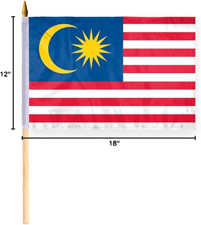 AGAS Malaysia Flag 12x18 inch - 24" Wood Pole 100% Polyester Double Stitched Malaysian National Mini Handheld Flag