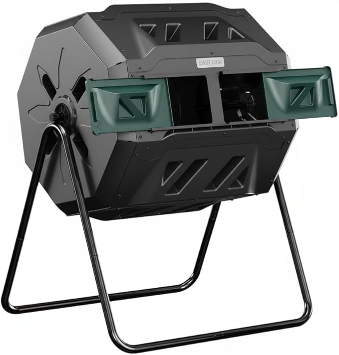 East Oak Compost Tumbler Outdoor, 43-Gal Dual Chamber Compost Bin with 2 Sliding Door and Aeration System, Tumbling Rotating Composter Bin for Garden, Kitchen, Yard