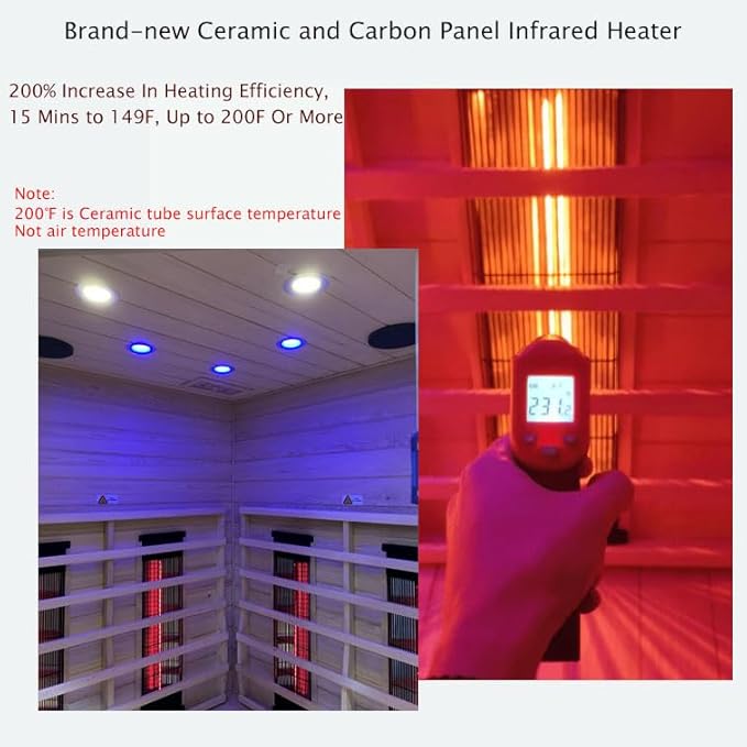 Ceramic Infrared Sauna, 2-3 Person Home Sauna, Canadian Hemlock Indoor Corner Sauna Spa, Wooden Sauna Room, 5 Low EMF Heaters + 4 Ceramic Tubes, Bluetooth Speakers, Chromotherapy Lights