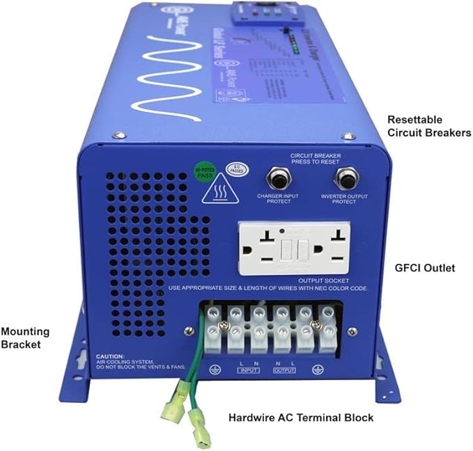 AIMS Power 3000 Watt 12 VDC Pure Sine Inverter Charger 120 VAC Output 100A Charger 30A Transfer Switch PICOGLF30W12V120VR