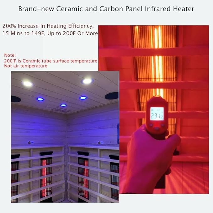 Infrared Saunas 2-3 Person, Ceramic Infrared Sauna for Home, Low EMF Indoor Home Sauna Spa, Ultra Large Size Corner Sauna, Hemlock Wood Sauna Room, Bluetooth Speakers, Chromotherapy Lights