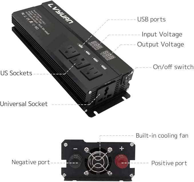 Yinleader Power Inverter 1000Watts Inverter 12V DC to 110V AC Car Converter w/Display 4 AC Outlets 4 USB Port and Cigarette Lighter for Vehicles Laptop Emergency,conversor 12v a 110 carro Inversor