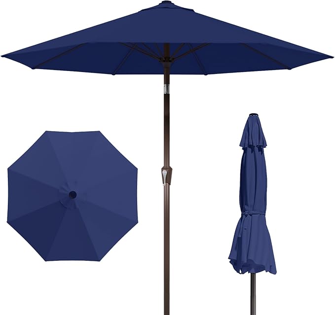 9FT Patio Umbrella with Fiberglass Ribs, Outdoor Market Table Umbrella with Crank and Tilt, UV Resistant Waterproof Canopy for Patio, Garden, Deck, Pool, Navy Blue