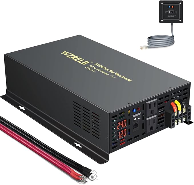 WZRELB 2000W 24VDC 120VAC Pure Sine Wave Power Inverter with 2 AC Outlets Wired Remote Control Car Inverter (RBP-200024WR)
