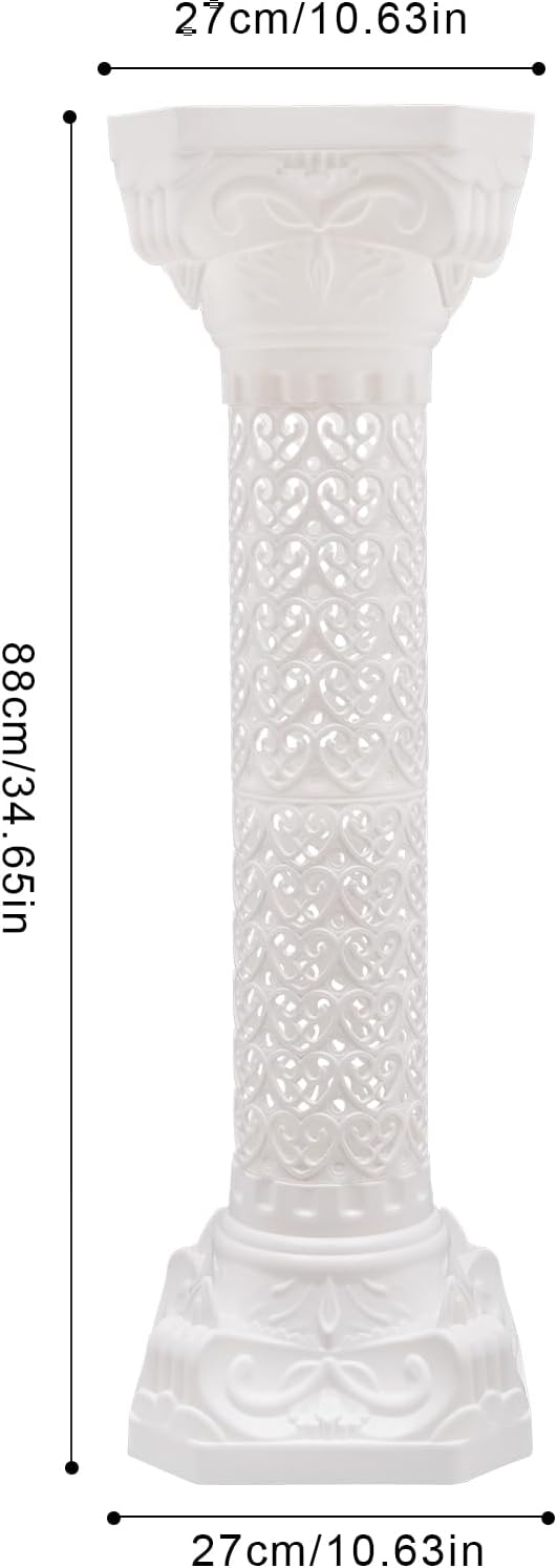 Roman Column Pedestal, Plastic White Columns for Weddings Indoor/Outdoor Roman Pillar Stand for Table Sculptures, Vase, Garden Decor (4PCS, 10.6 x 34.6 Inch Fretwork)