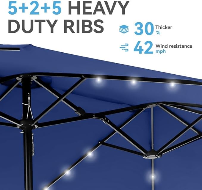 GREEN PARTY 15 ft Rectangle Patio Umbrella with Solar Lights and Base Included, Double-Sided Market Table Umbrella with Crank, Large Outdoor Umbrellas for Patio Poolside Garden Backyard, Haze Blue