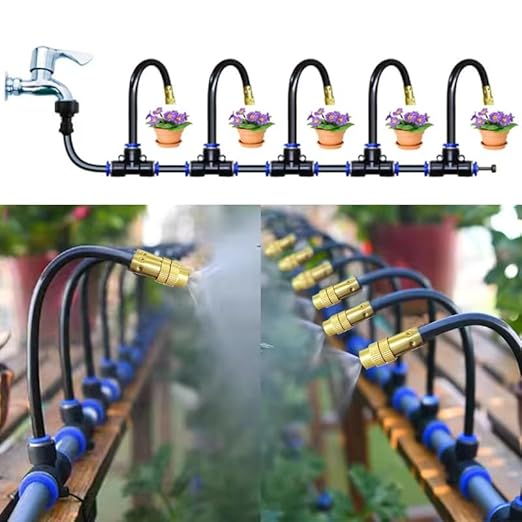 360° Automatic Drip Irrigation Kit - 5/16'' Tubing, Adjustable Spray Nozzle, Copper Atomizing System for Garden/Lawn/Greenhouse, Multi-Directional Rotation, Quick Connectors, 16.4FT