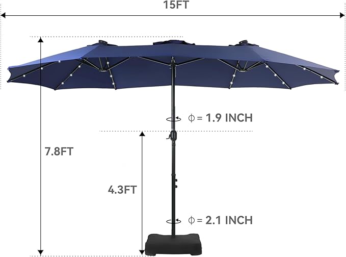 GREEN PARTY 15 ft Rectangle Patio Umbrella with Solar Lights and Base Included, Double-Sided Market Table Umbrella with Crank, Large Outdoor Umbrellas for Patio Poolside Garden Backyard, Navy Blue