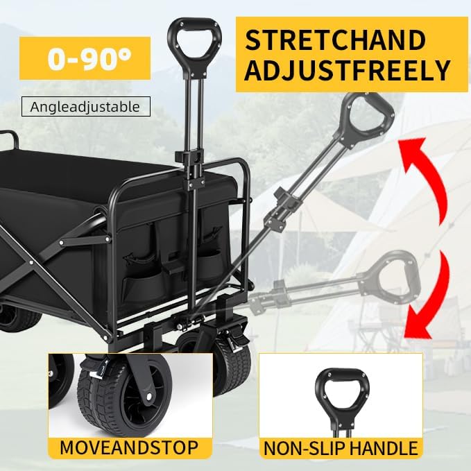 Collapsible Wagon with Wheels, 440 lbs Wagons Carts Foldable Wagon Cart with Flexible Handle, Lightweight Portable Folding Utility Grocery Shopping Cart for Grocery Sports Garden Camping