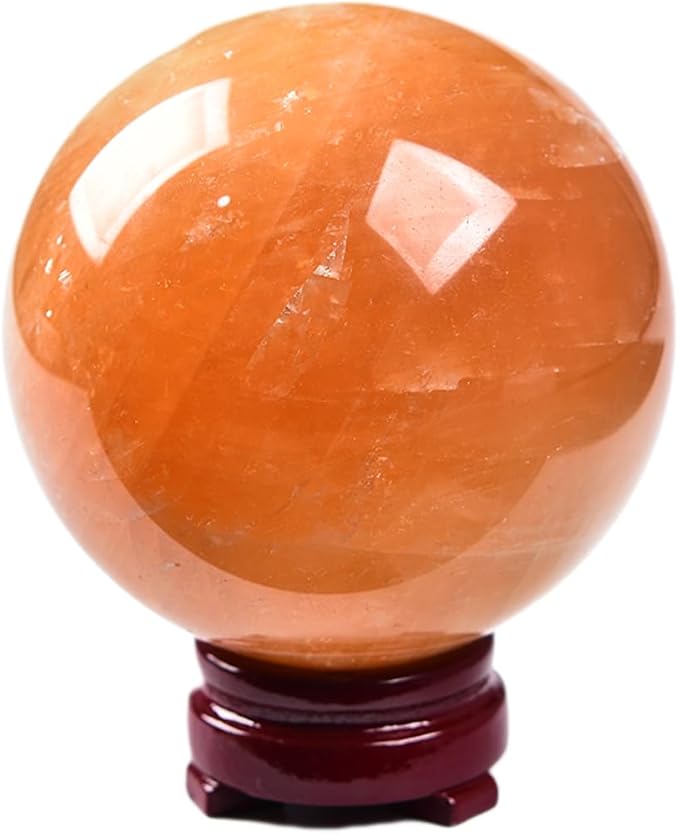 JIC Gem Healing Crystal Ball Stripe Orange Calcite Sphere Ball Decorative Ball with Wood Stand for Fengshui and Decoration (90-100mm)