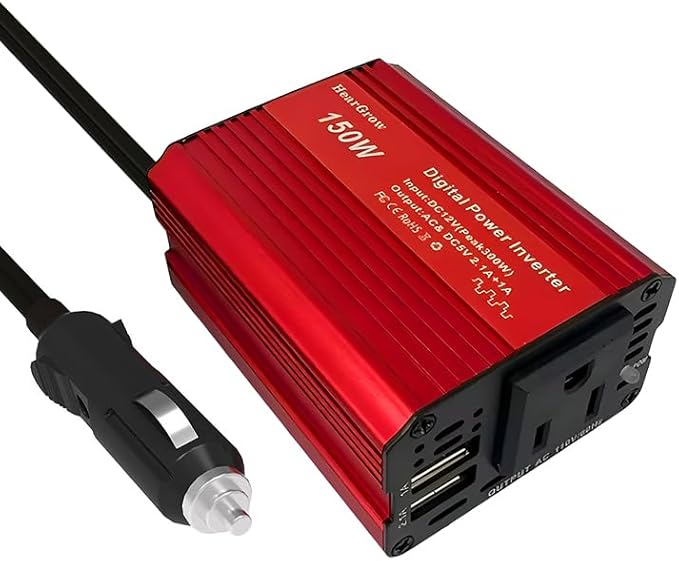 150W red car Power Inverter Converter Plug Adapter 12V to 110V 3.1A Dual USB Outlet for Travel Camping Outdoor All Smartphones Road Trips with Fast Charging