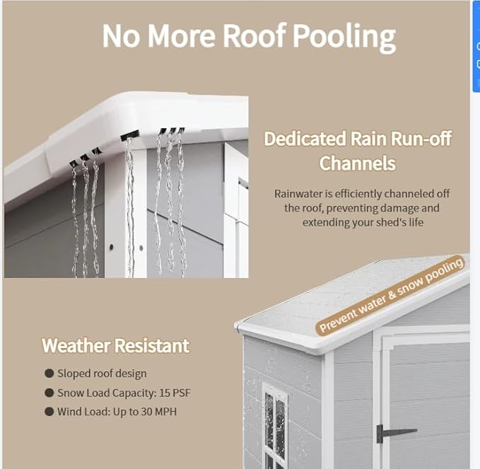 Gizoon 6x4.4 FT Outdoor Resin Storage Shed with Floor & Lockable Door - All-Weather Plastic Tool Shed, Double-Wall Design Perfect to Store Patio Furniture, Garden Equipment, Seasonal Items (Grey)