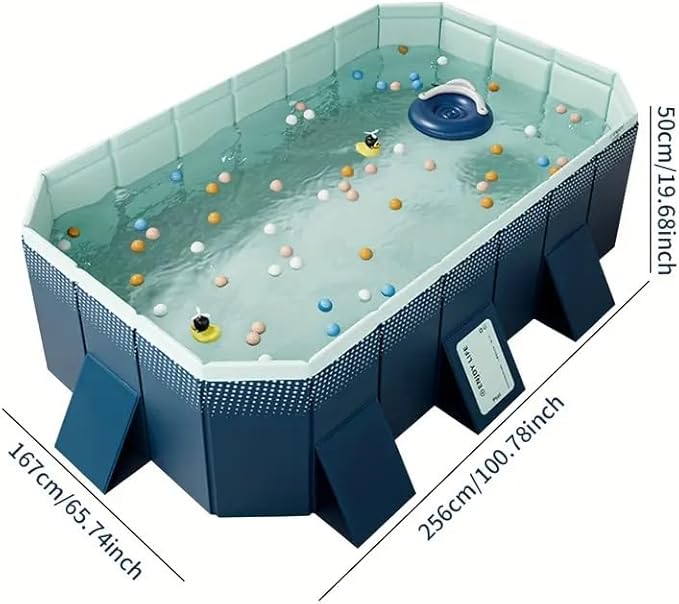 2.6m PVC Folding Pool, Non-Inflatable Portable Swimming Pool for Kids and Adults, Hard Plastic Shell Outdoor Pool with Foldable Design for Backyard, Patio, Beach