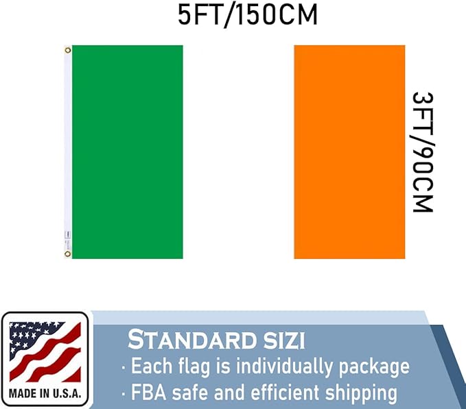 Ireland Flag 3x5 FT 100% Made in The USA-Heavy Duty Vibrant Colours Double Sided Irish National Flag with 2 Brass Grommets for Home/Company/Indoor Outdoor Decoration