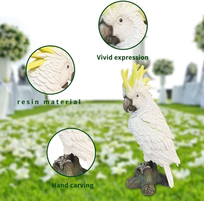 Decorative Parrot Garden Statue, Garden Decor Sculptures Statues Outdoor, Cockatoo Bird Tropical Indoor Desk Decor, Yellow White, 15.35 inches high