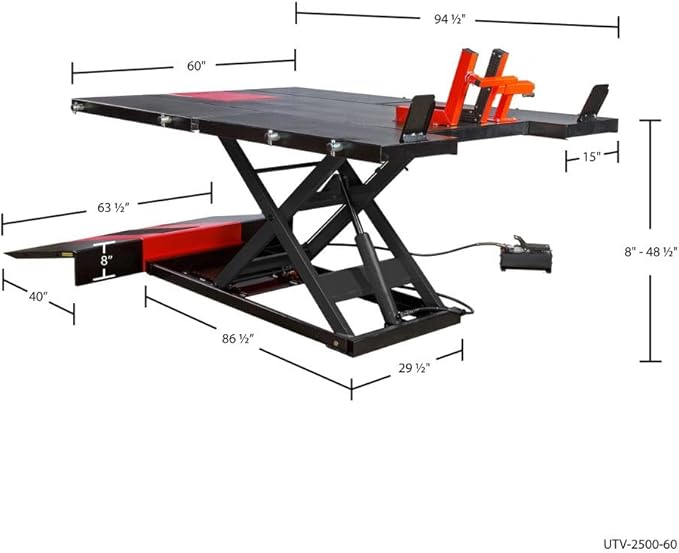 Black Widow Air Over Hydraulic UTV ATV Lift Table 2,500 lb. Maximum Capacity 60" Wide with Side Extensions