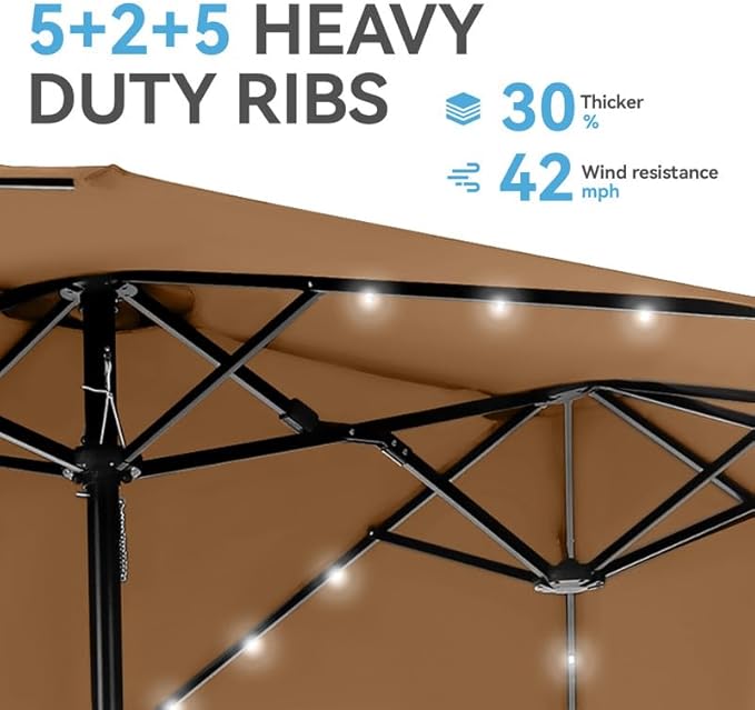 GREEN PARTY 15 ft Rectangle Patio Umbrella with Solar Lights and Base Included, Double-Sided Market Table Umbrella with Crank, Large Outdoor Umbrellas for Patio Poolside Garden Backyard, Tawny