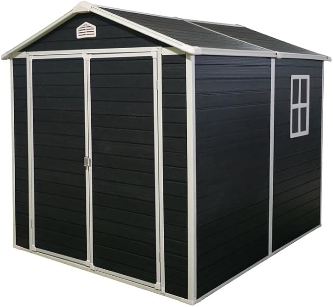 8 x 6 FT Outdoor Storage Shed with Window, Outside Garden Resin Sheds w/Floor and Lockable Doors, Waterproof Plastic Tool House for Backyard, Garden, Patio, Lawn, Bike Accessories, Black
