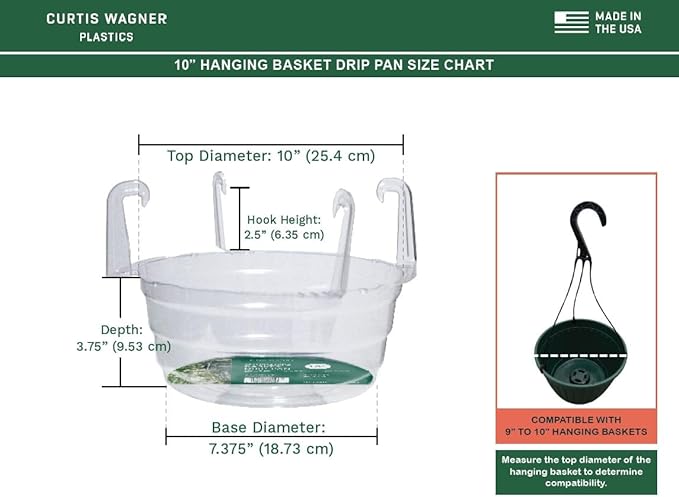Curtis Wagner Plastics Hanging Basket Drip Pans (5-Pack) | Clear, Round (Diameter = 7.37" Base, 10" Top, 3.7" Depth) Hanging Plant Tray Saucer with Built-in Hooks & Water Catcher for Indoor & Outdoor