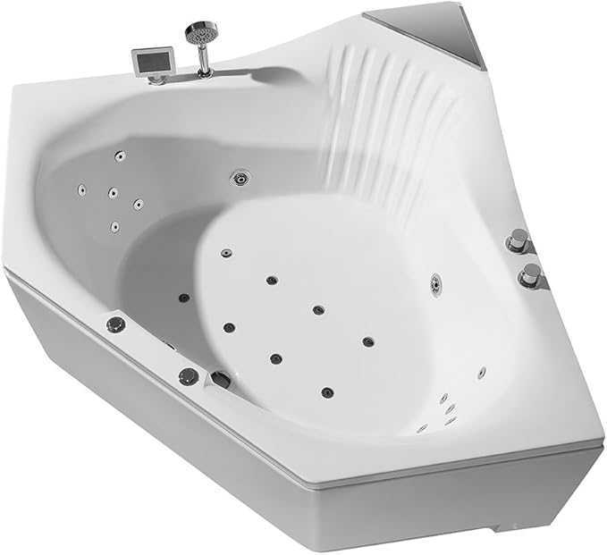 ARIEL 59" Triangular Platinum Whirlpool Bathtub with 22 Hydro Jets, Two-Person Jetted Hot Tub with Customizable Massage, Waterfall, Hot/Cold Inlets & Smart Features