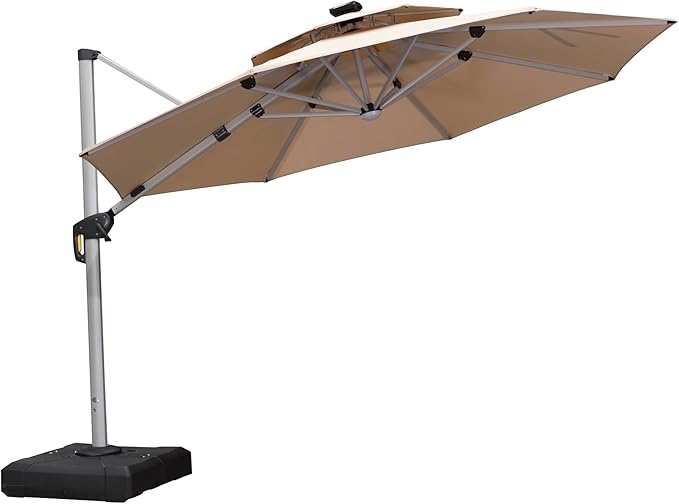 PURPLE LEAF 11ft Solar powered LED Patio Umbrella Outdoor Round Umbrellas Large Cantilever Umbrella with LED lights Windproof Offset Umbrellas Heavy Duty for Garden Deck Pool Patio, Beige