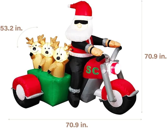 Fraser Hill Farm 6-Ft. Tall Santa on Motorcycle with Reindeer Sidecar Blow Up Inflatable with Lights, Outdoor Christmas Inflatable Decoration for Lawn and Yard, Giant Festive Holiday Decor