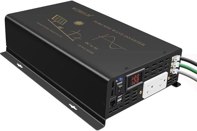 WZRELB Pure Sine Wave Power Inverter 5000W 12VDC to 120VAC 10KW Peak Dual AC Outlets 2× 2.4A USB Port &Hardwire Terminal with 16ft Remote Conrtol Off-Grid Solar Converter RV Trucks (VC500012U5WD-1)