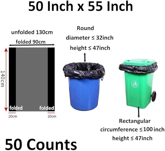 65 Gallon Trash Bags 1.8 Mil -50''x55'' Pack of 50 Thick Large Heavy Duty Multi-Use Garbage Bags Extra Large Strong Trash Can Liners for Office, Picnic,Kitchen, Bulk Bags (65 Gallon 50 Count)