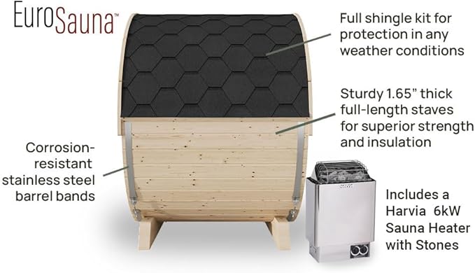 EuroSauna 2-Person Outdoor Barrel Sauna with Shingles, Lighting, & 6kW Harvia Sauna Heater, 81x59