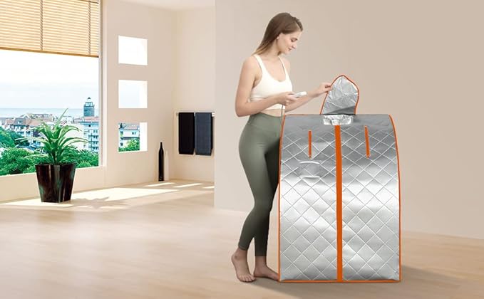 ZONEMEL Infrared Sauna, 1 Person Full Body Sauna, 3 Far Infrared Heating Panels, Remote Control, Built-in Foot Pad, Hand Pocket, Portable Folding Chair (L 27.6’’ x W 31.5’’ x H 37.8’’, Silver Orange)