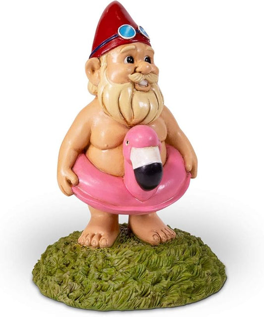 8.5” Flamingo Pool Float Garden Gnome – Funny Lawn Statue for Poolside & Outdoor Decor – Durable Resin Yard Ornament – Unique Gift for Summer Fun & Quirky Decorations