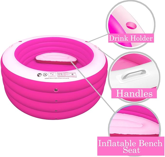 Inflatable Pool with Seating,Four-Tier 72” x 27”Inflatable Swimming Pool with Drink Holder Handles, Summer Family Water Park,Backyard Family Pool, Garden (Pink)