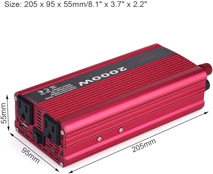 Power Inverters, 2000W DC 12V to 110V Car Converter with 2 AC Outlets & USB Ports for Household Appliance