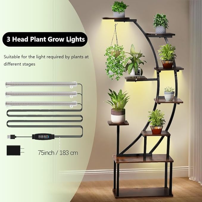 VINCIGANT Black Metal Plant Stand with Grow Light, 9 Tiered Shelf, 60" Corner Plant Holder for Living Room, Home, Patio, Balcony