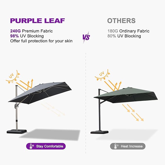 PURPLE LEAF 9' X 11.5' Patio Umbrella, Rectangle Outdoor Cantilever Umbrella, Aluminum Offset Umbrella with Champagne Frame and 360° Rotation for Pool Deck Garden, Grey