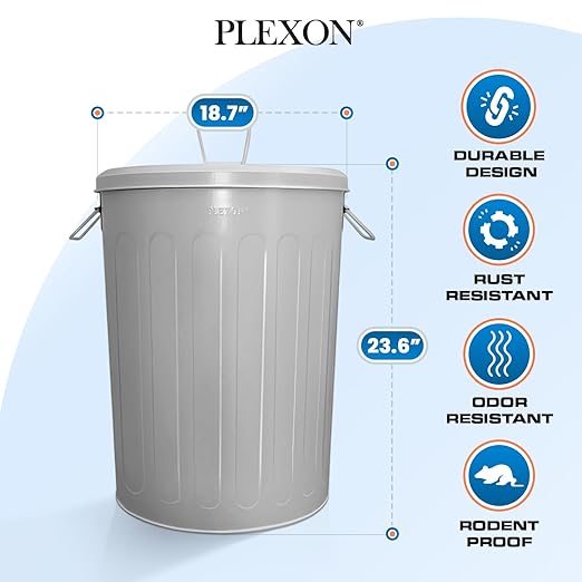 Plexon Large Metal Trash Can with Lid 20 Gallon, Decorative Outdoor Trash Can Heavy Duty Galvanized Metal Bucket with Lid for Garage Workshop Ash Storage Farmhouse, Gray