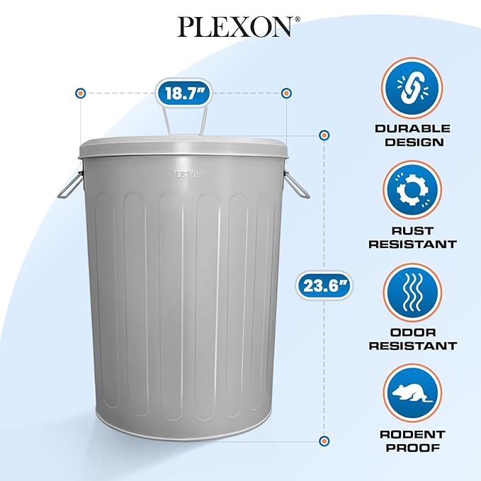 Plexon Large Metal Trash Can with Lid 20 Gallon, Decorative Outdoor Trash Can Heavy Duty Galvanized Metal Bucket with Lid for Garage Workshop Ash Storage Farmhouse, Gray 3 Pack