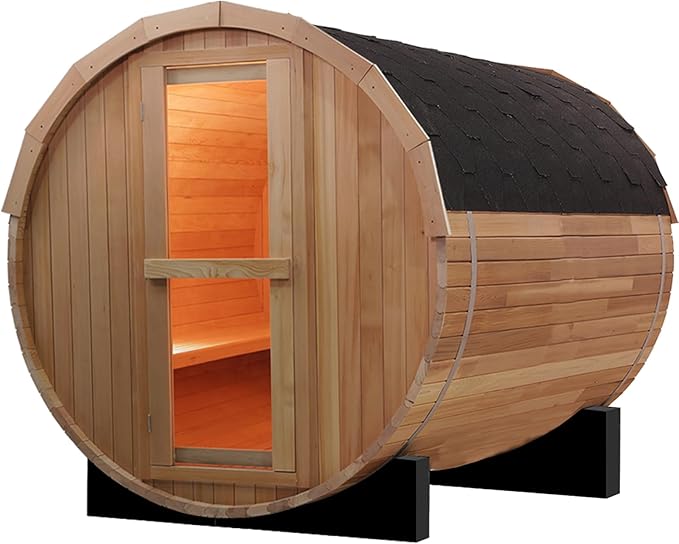Outdoor Barrel Steam Sauna, 4-6 Person Wood Sauna Room with 6kw Toule Electric Heater with Sauna Stone, Canadian Red Cedar Wooden Sauna, Sauna Accessories and Asphalt Shingle Roof (Red Cedar)