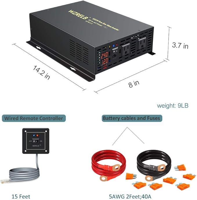 WZRELB 1000W 24VDC 120VAC Pure Sine Wave Power Inverter with 2 AC Outlets Wired Remote Control Car Inverter (RBP-100024WR)