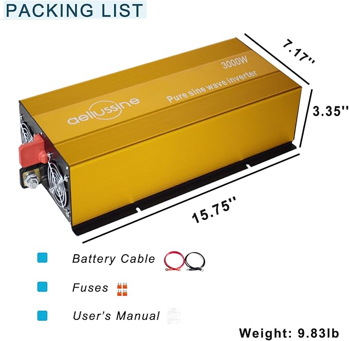 3000W Pure Sine Wave Inverter-12V DC to 120V AC Power Converter with 2 AC Outlets, 12 Volt Power Inverter for Truck, Rv, Camping, Home