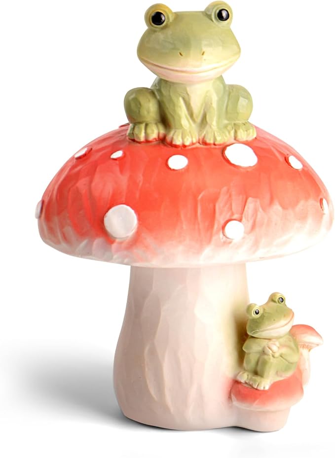 Frog Garden Decor Outdoor Statues, Mushroom Home Decor with Frog Figurines Outdoor Fairy Gardens Accessories Lawn Ornaments, Cute Garden Statues for Outside Yard Lawn Planters Art Decorations Gifts