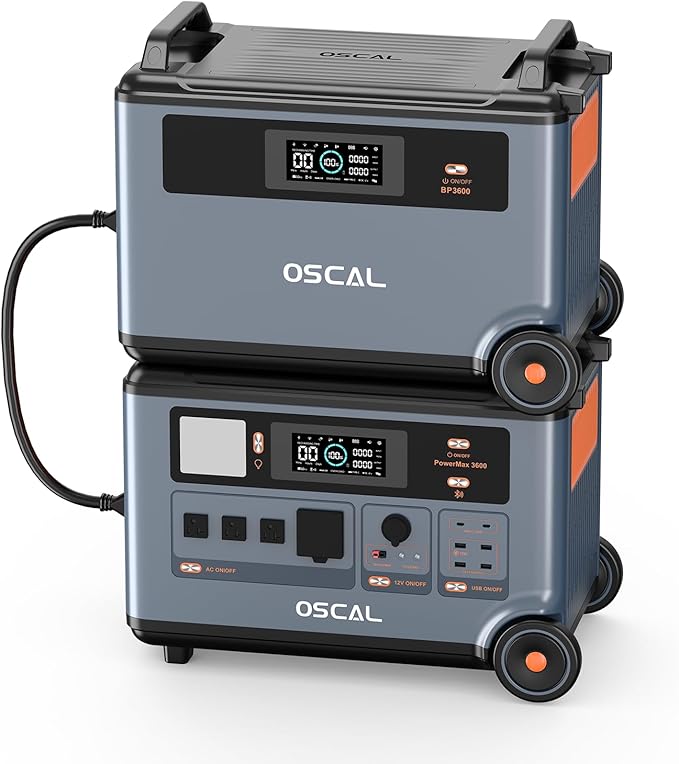 OSCAL Total 7200Wh Power Station PowerMax 3600 with BP3600 Expansion Battery, Expand Capacity from 3600Wh to 7200Wh, Solar Generator for Home Backup, Emergency, Outdoor Camping