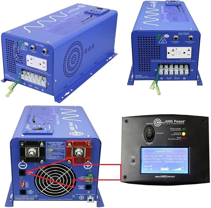 AIMS Power 1500 Watt / 4500 Watt Peak Pure Sine Inverter Charger 12 Volt DC to 120 Volt AC with LCD Remote