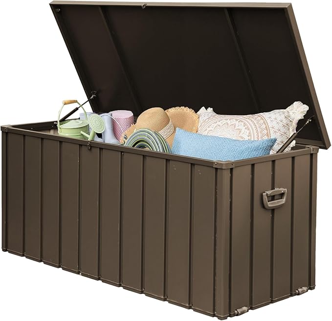 LANTRO JS 150 Gallon Metal Deck Box, Outdoor Storage Box Waterproof with Wheels, Lockable Storage Container for Patio Furniture Cushions Garden Tools, Dark Brown