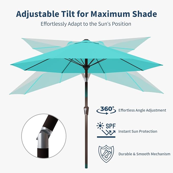 9FT Patio Umbrella with Fiberglass Ribs, Outdoor Market Table Umbrella with Crank and Tilt, UV Resistant Waterproof Canopy for Patio, Garden, Deck, Pool, Aqua Blue