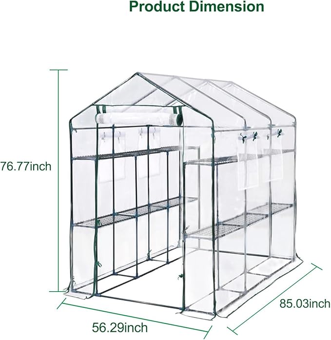 Greenhouse, 57 x 85 x 77'' Greenhouses for Outdoors, with Mesh Side Windows, PE Cover, 8 Shelves, Heavy Duty Walk in Green House for Backyard Garden Indoor, White& Green Outside